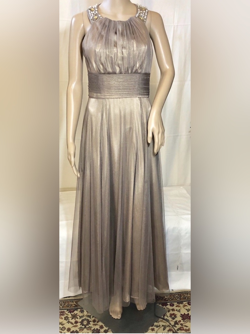 Cachet Mother of the Bride Iridescent Tulle Jewel Neck Champagne Satin Dress 14W